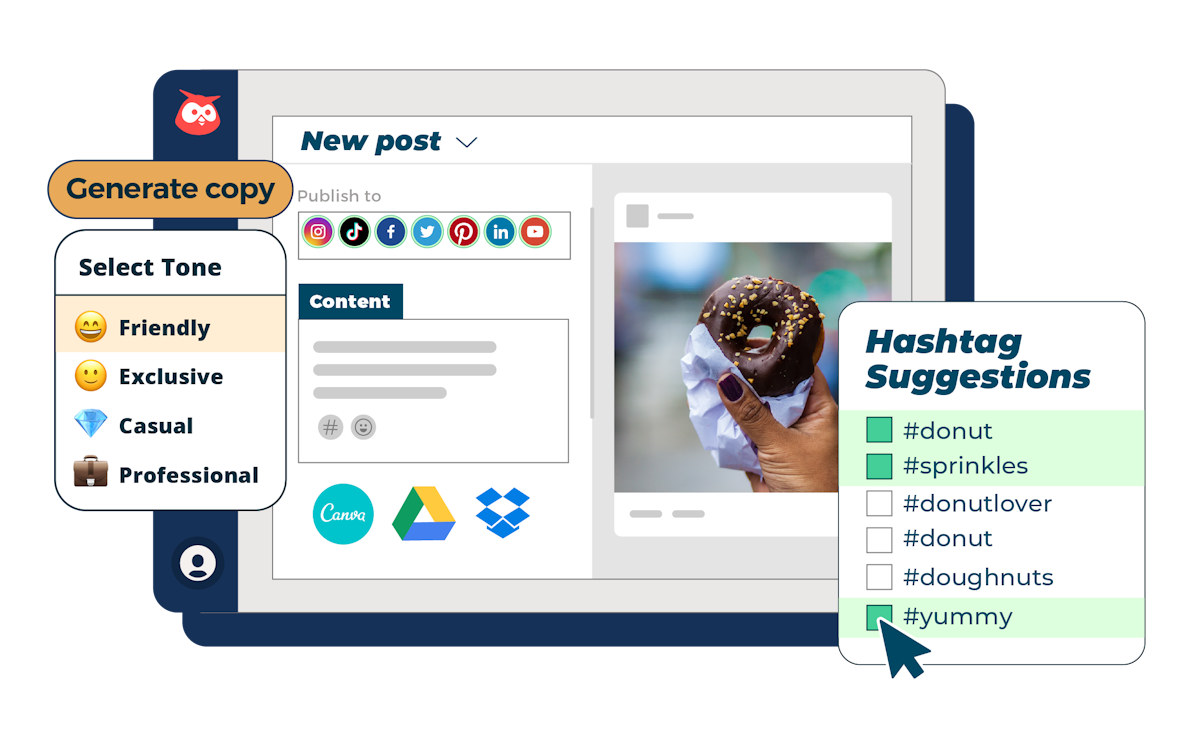 Transparent graphic depicting the Hootsuite dashboard with Composer, hashtag suggestions, and content ideas